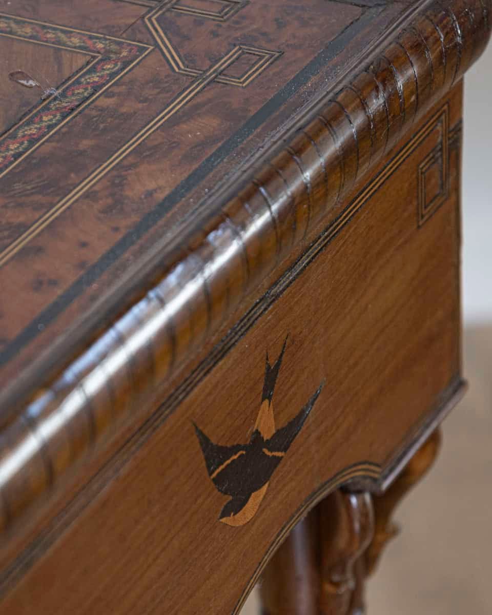 Tuscan Inlaid Walnut Side Table with Swallow Motif, Late 19th Century - JAA