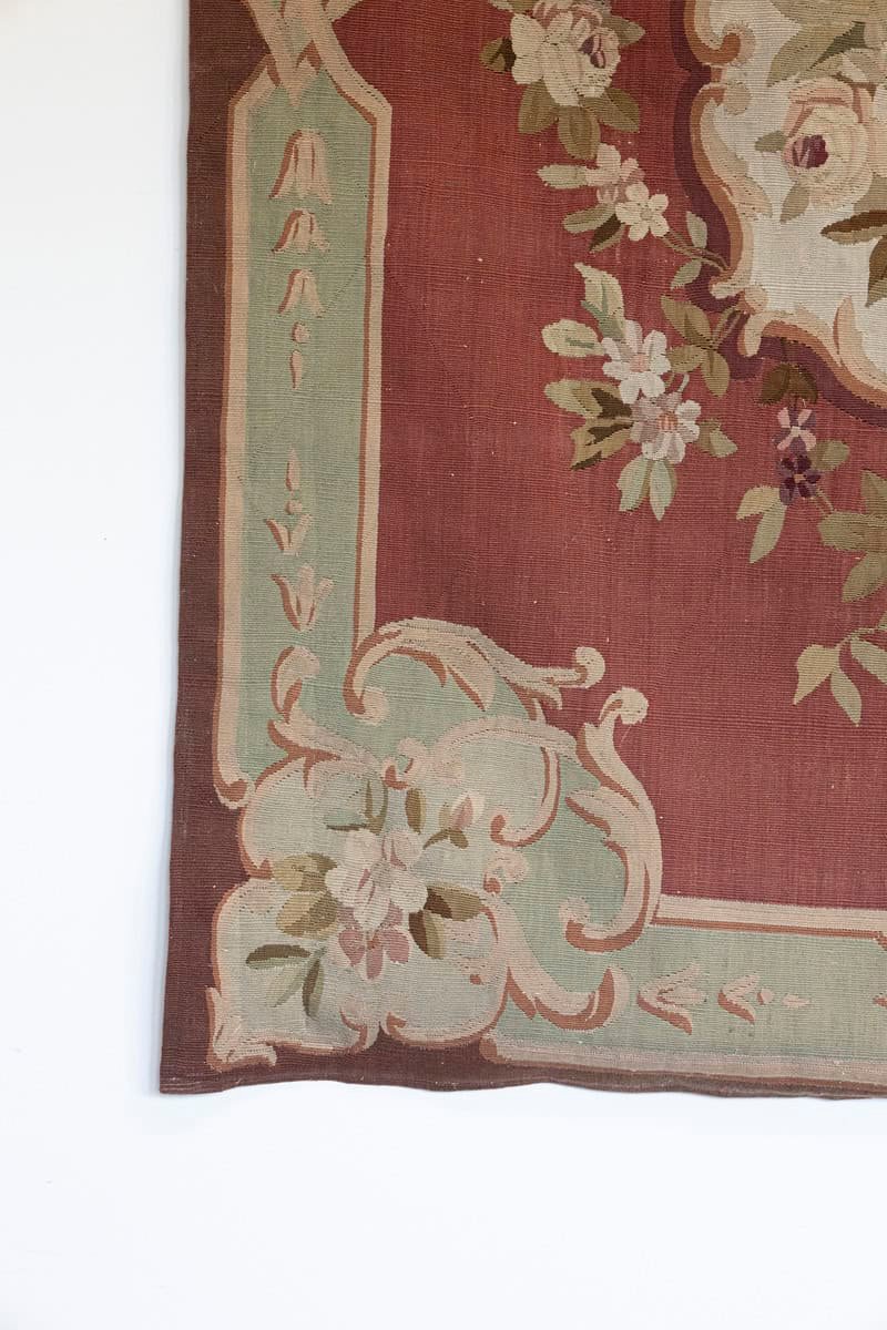 French 19th Century Red and Soft Green Aubusson Tapestry with Floral Décor - JAA