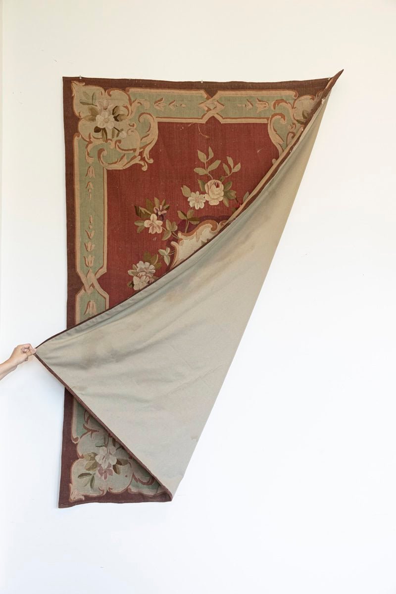 French 19th Century Red and Soft Green Aubusson Tapestry with Floral Décor - JAA