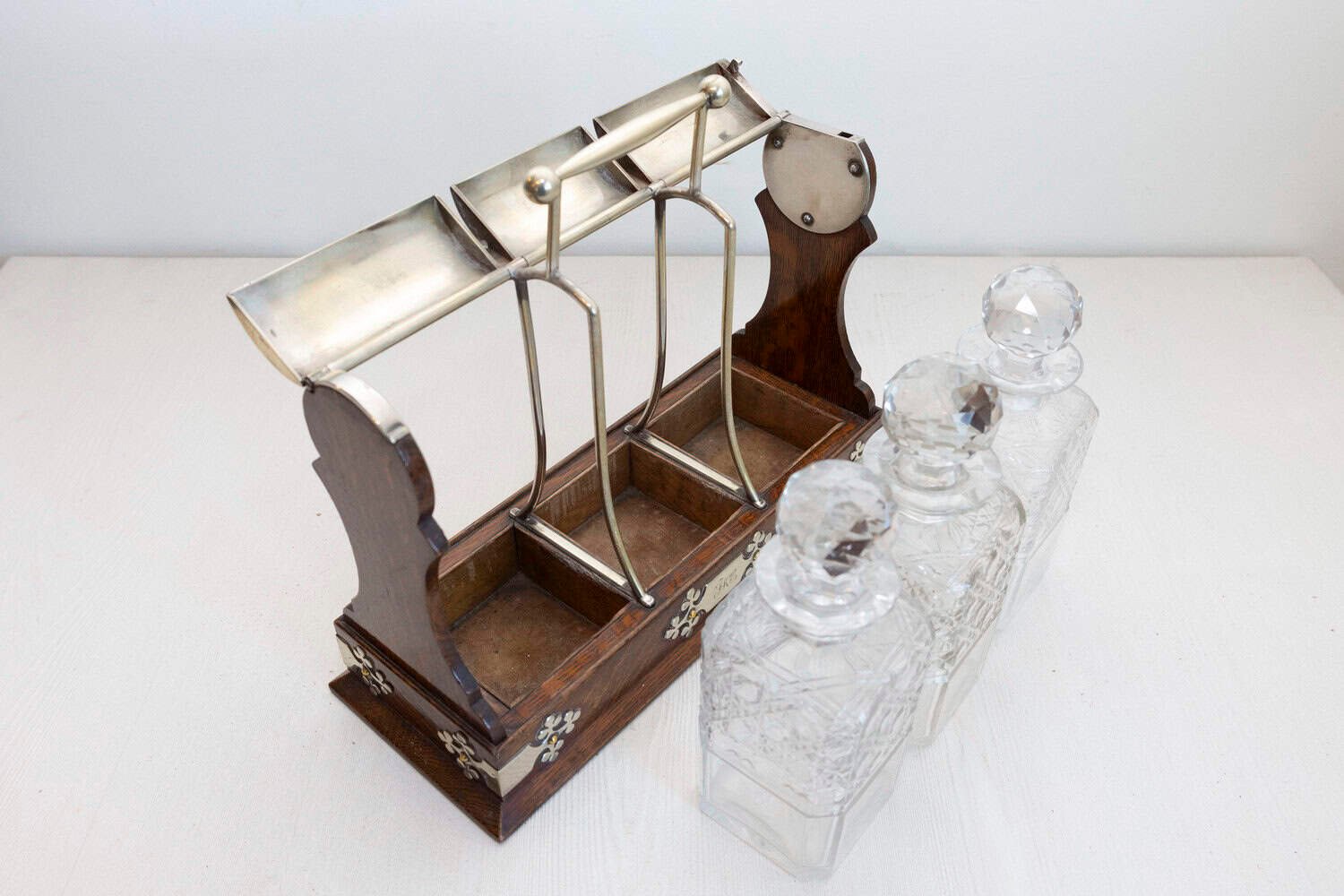 English 19th Century Victorian Locking Tantalus with Three Cut Glass Decanters - JAA