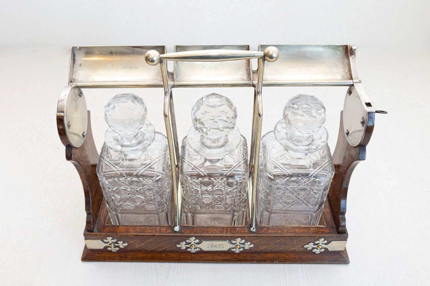 English 19th Century Victorian Locking Tantalus with Three Cut Glass Decanters - JAA