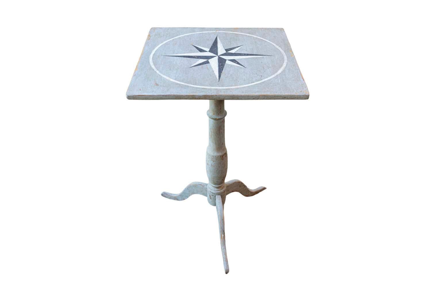 Swedish 1850s Grey Painted Guéridon Pedestal Side Table with Wind Rose Motif