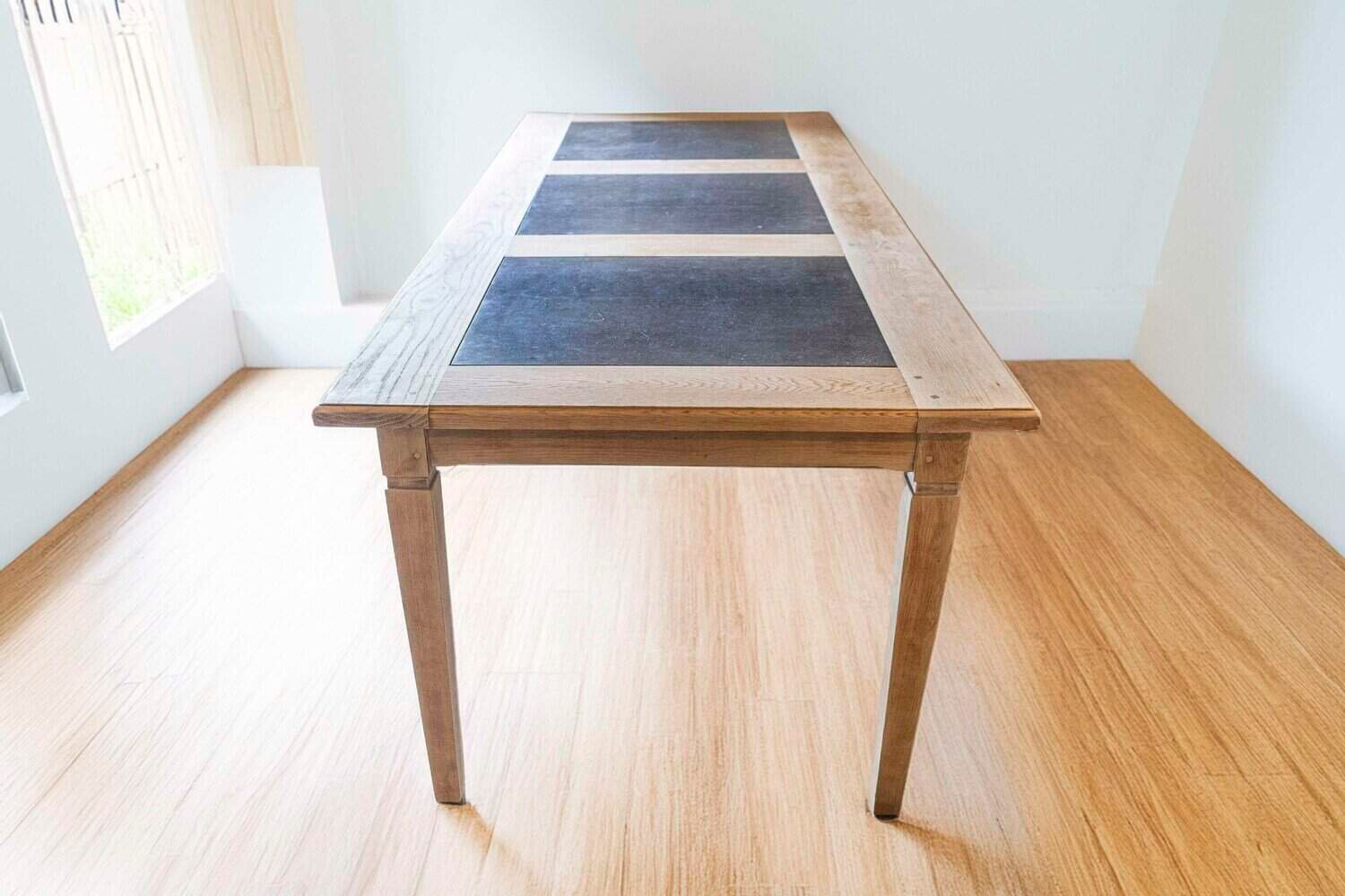 Southern French Midcentury Natural Oak Dining Table with Fossil Black Marble Top - JAA