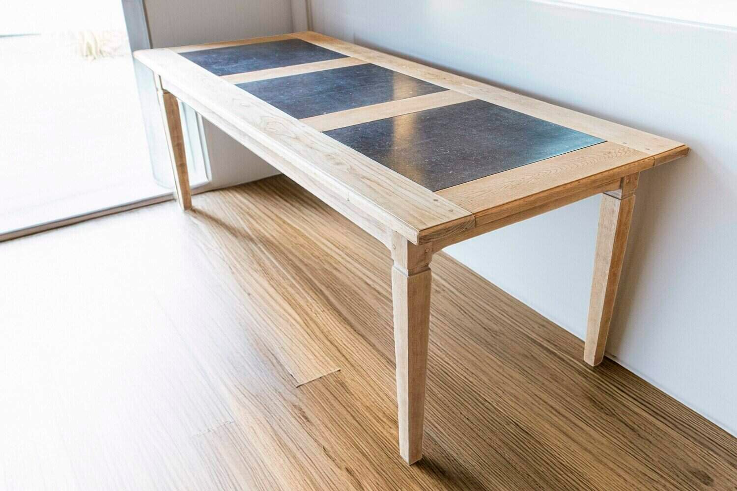 Southern French Midcentury Natural Oak Dining Table with Fossil Black Marble Top - JAA