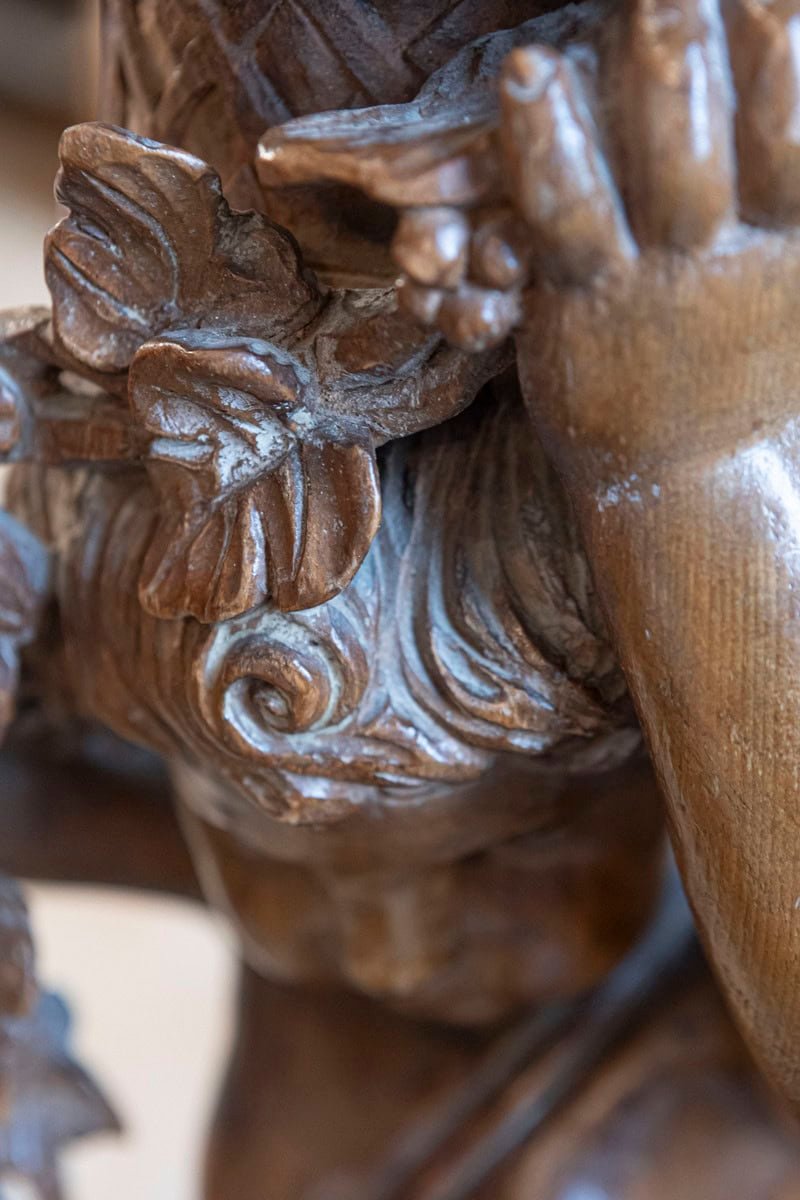 French Napoléon III 1860s Carved Walnut Sculpture of a Putto Carrying a Vessel - JAA