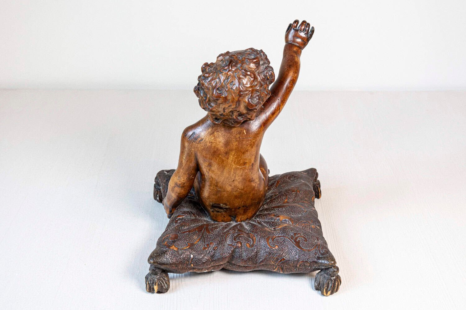 French 1780s Baroque Style Walnut Sculpture of a Putto Sitting on a Pillow - JAA