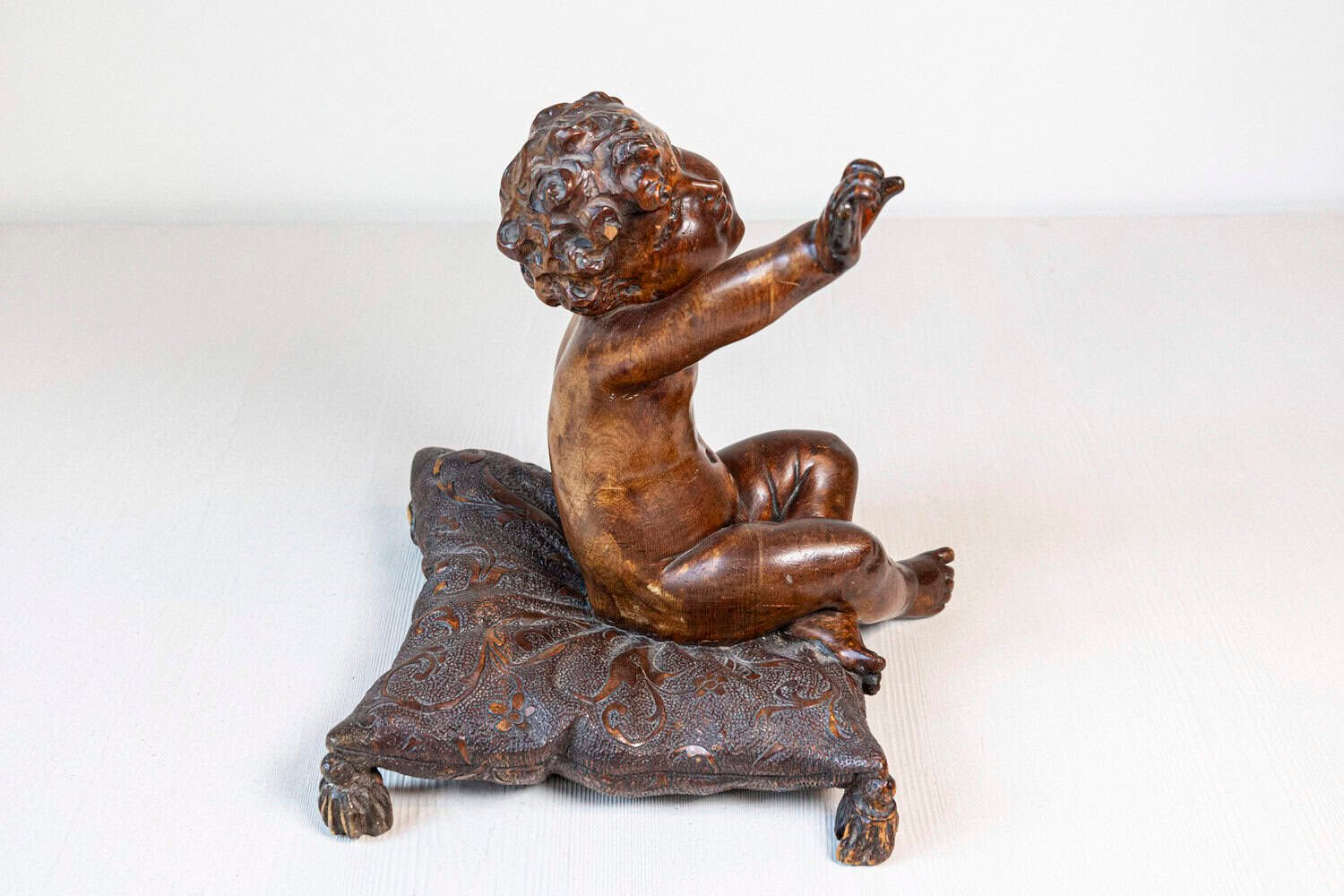 French 1780s Baroque Style Walnut Sculpture of a Putto Sitting on a Pillow - JAA