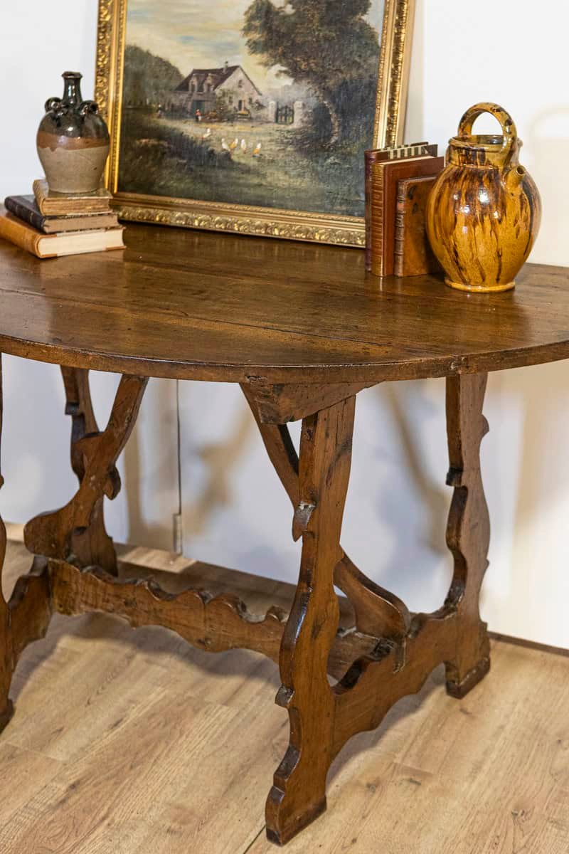 17th Century Italian Baroque Period Walnut Demilune Table with Carved Lyre Base - JAA