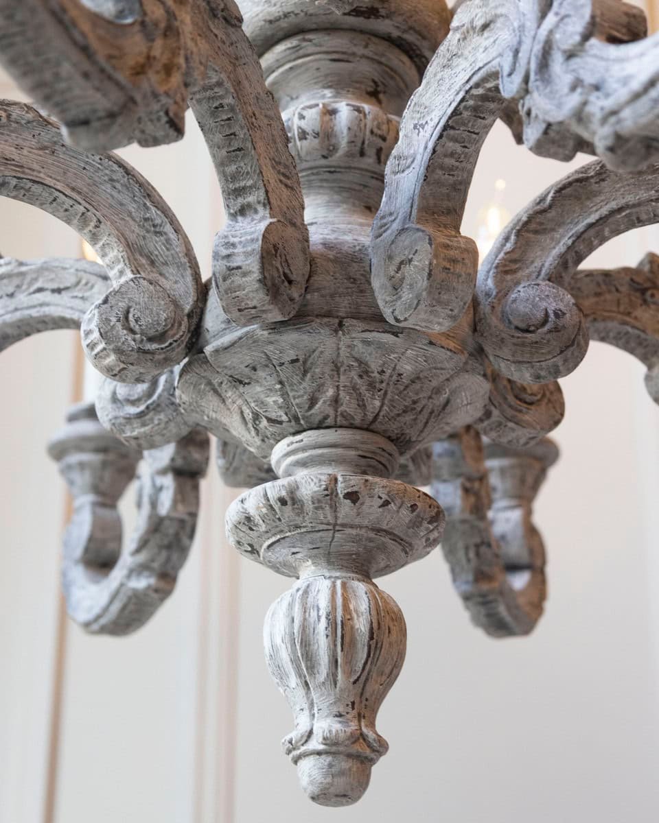 French 20th Century Carved and Painted Wood Twelve-Light Chandelier - JAA