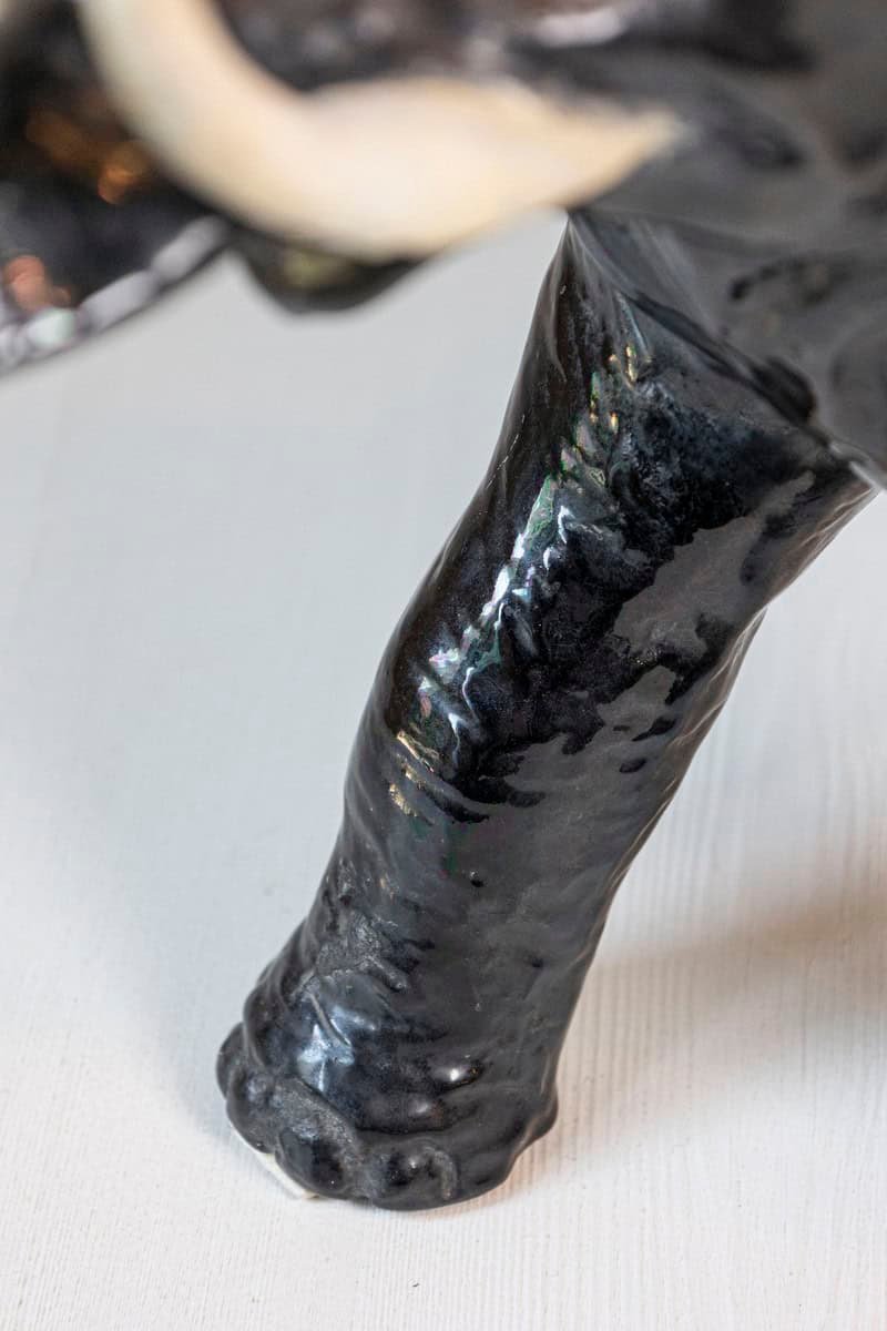 Italian 20th Century Black Glazed Ceramic Sculpture of a Walking Elephant with Trunk Up - JAA