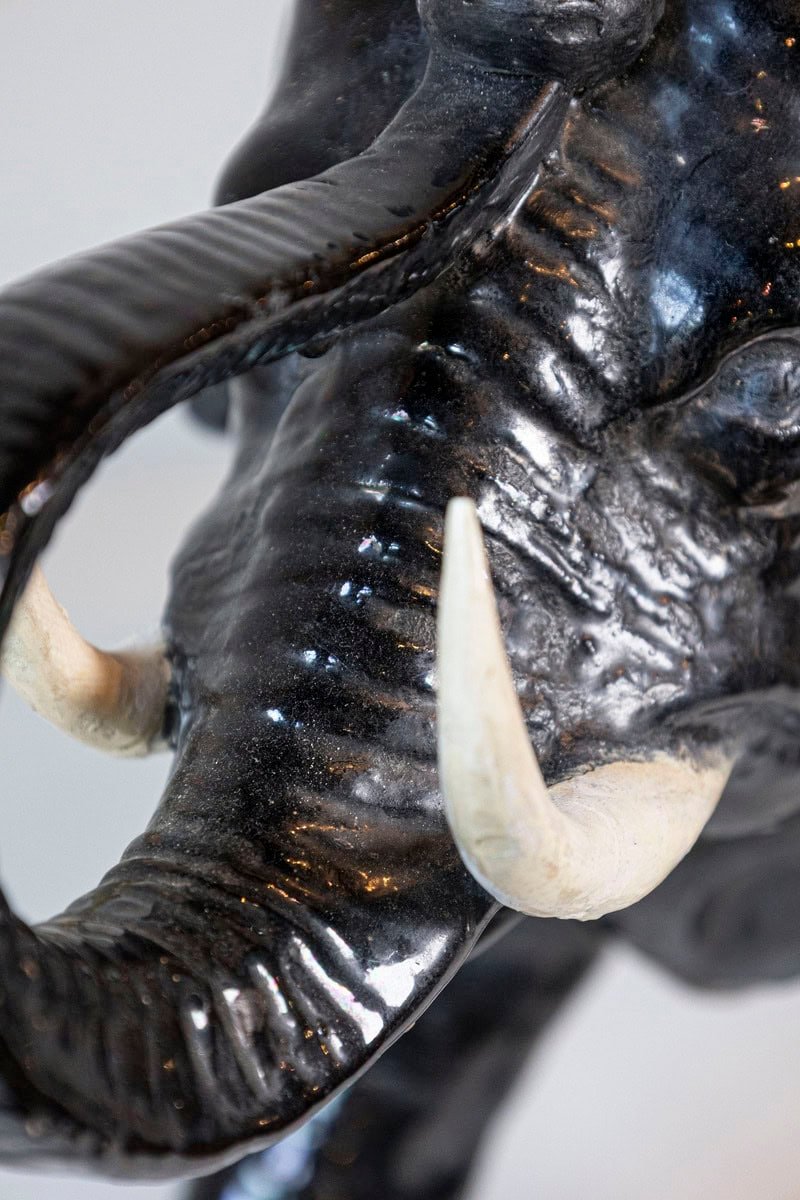 Italian 20th Century Black Glazed Ceramic Sculpture of a Walking Elephant with Trunk Up - JAA