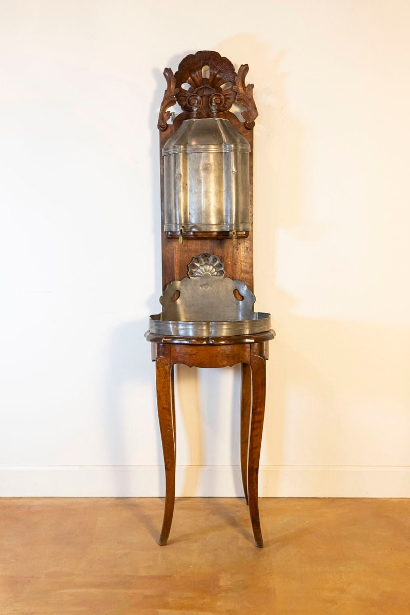 French Late 18th Century Louis XV Pewter Lavabo Mounted on Walnut Stand - JAA