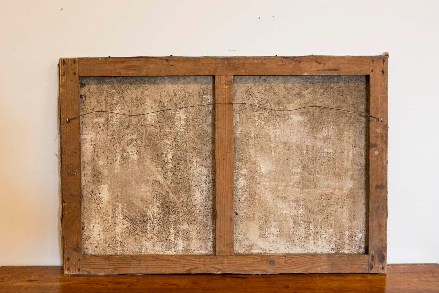 French 1890s Oil Provençal Painting of a Social Gathering in Shades of Blue - JAA