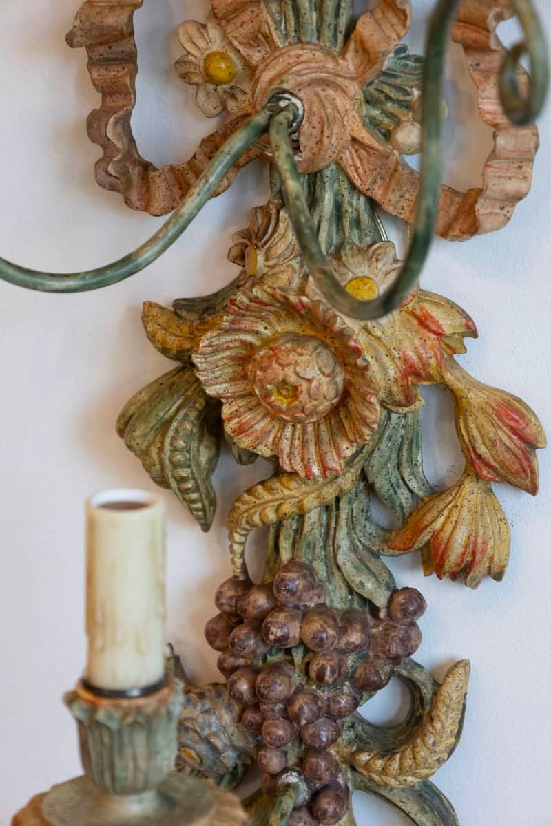 Pair of Mid-20th Century Italian Carved Wood Sconces with Wheat and Floral Motifs - JAA