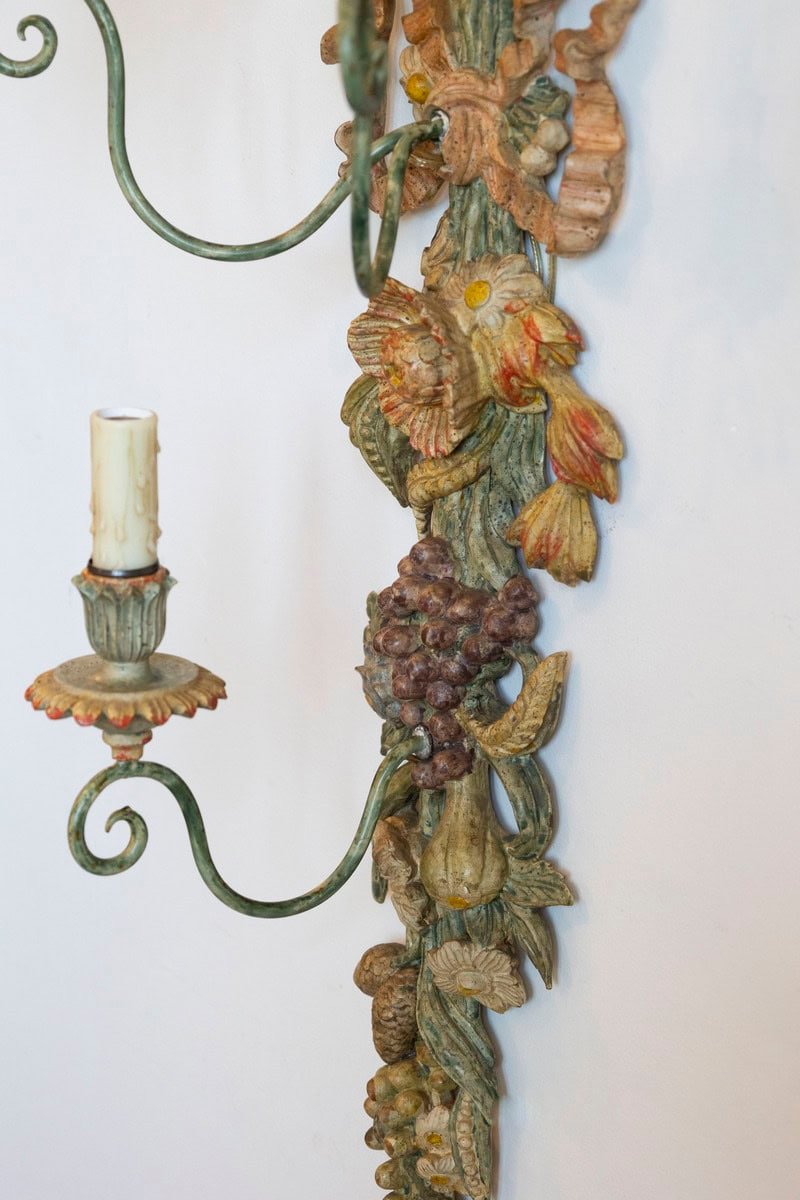 Pair of Mid-20th Century Italian Carved Wood Sconces with Wheat and Floral Motifs - JAA