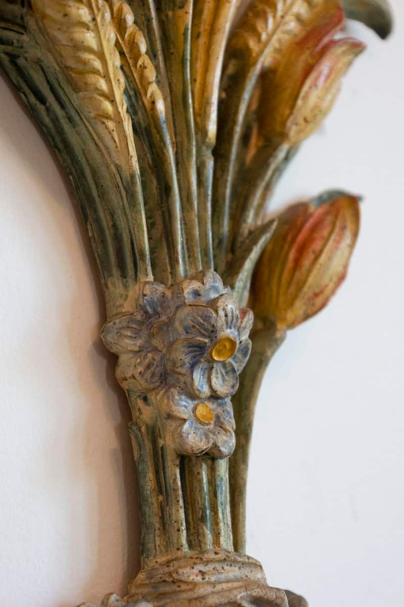 Pair of Mid-20th Century Italian Carved Wood Sconces with Wheat and Floral Motifs - JAA