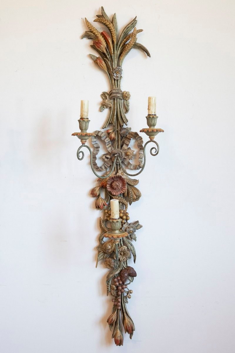 Pair of Mid-20th Century Italian Carved Wood Sconces with Wheat and Floral Motifs - JAA