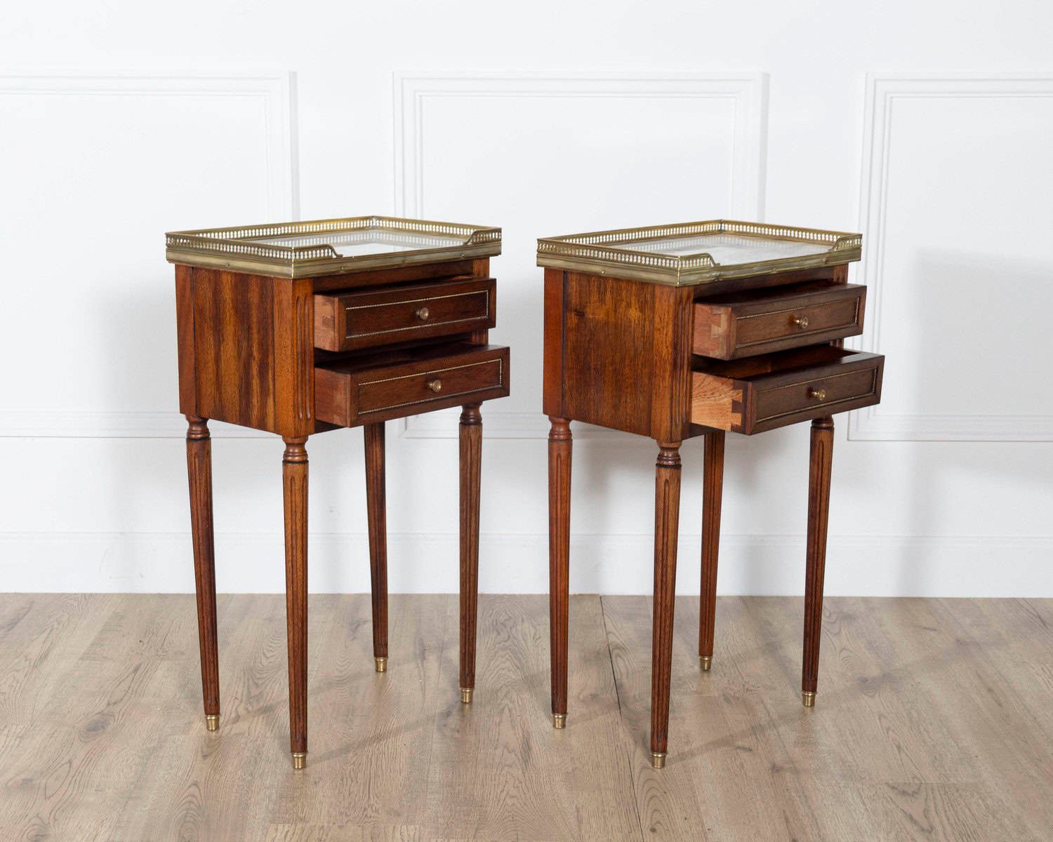 Pair of Louis XVI-Style Mahogany Bedside Tables with Marble Tops - JAA
