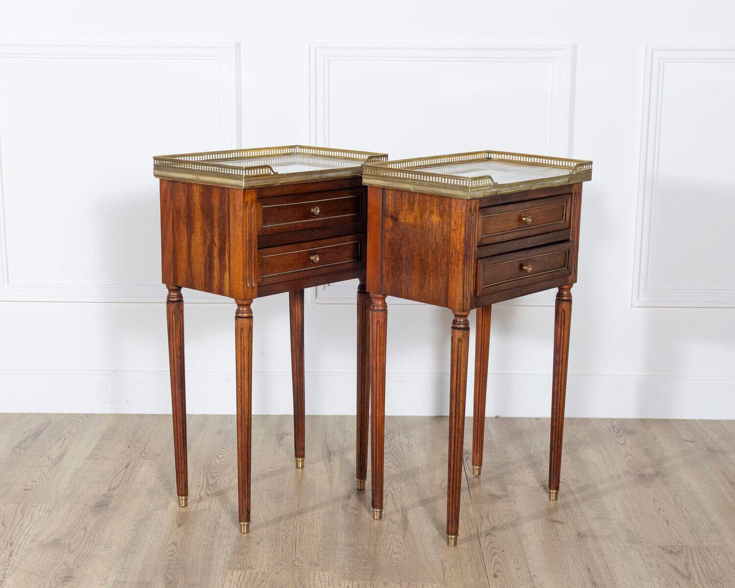 Pair of Louis XVI-Style Mahogany Bedside Tables with Marble Tops - JAA