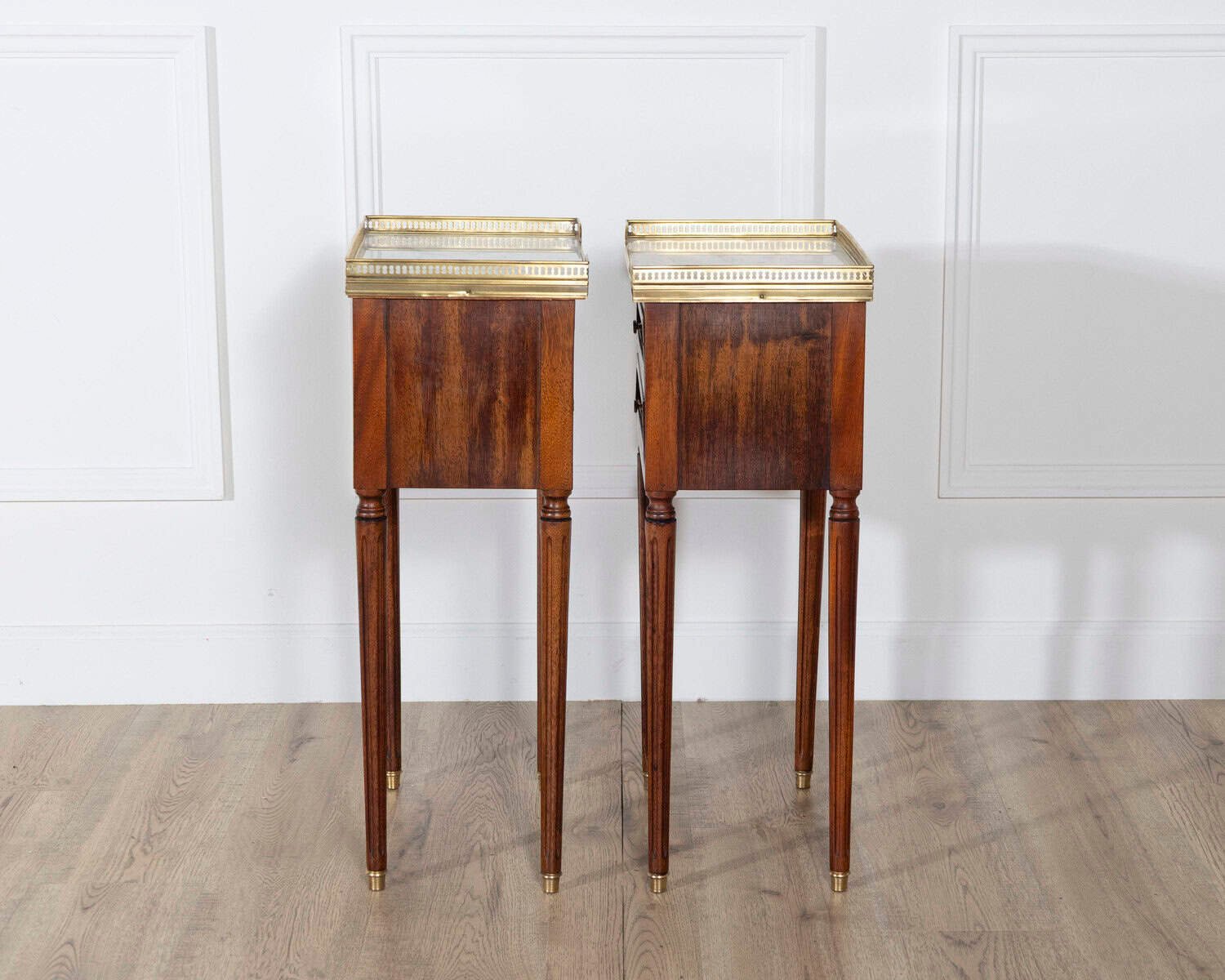Pair of Louis XVI-Style Mahogany Bedside Tables with Marble Tops - JAA