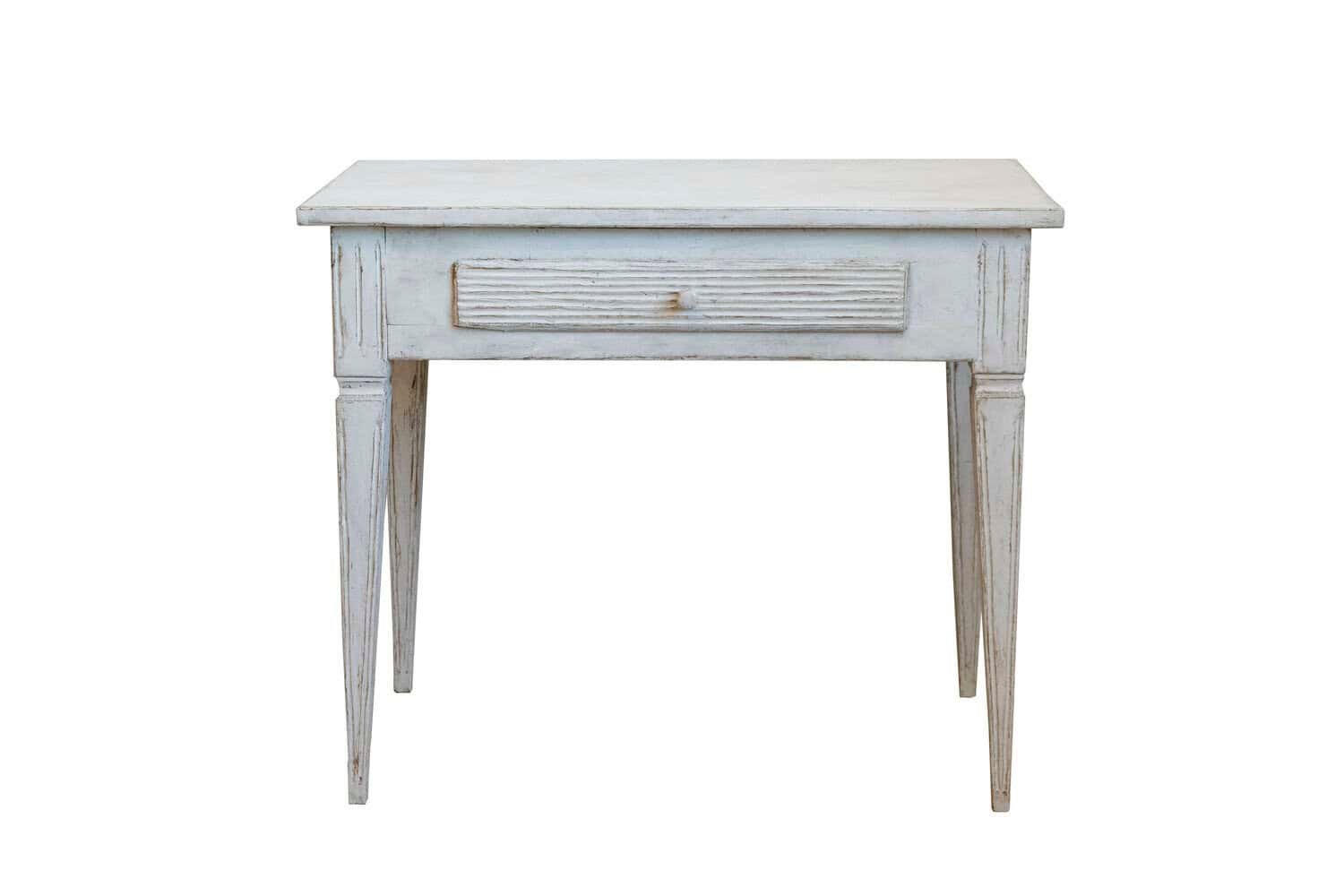 Swedish Gustavian Style Painted Side Table with Reeded Drawer and Tapered Legs