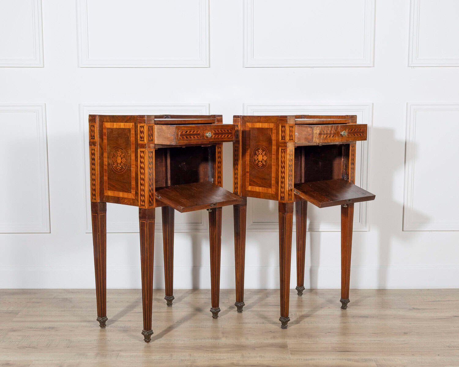 Italian 18th Century Neoclassical Inlaid and Veneered Bedside Tables - JAA
