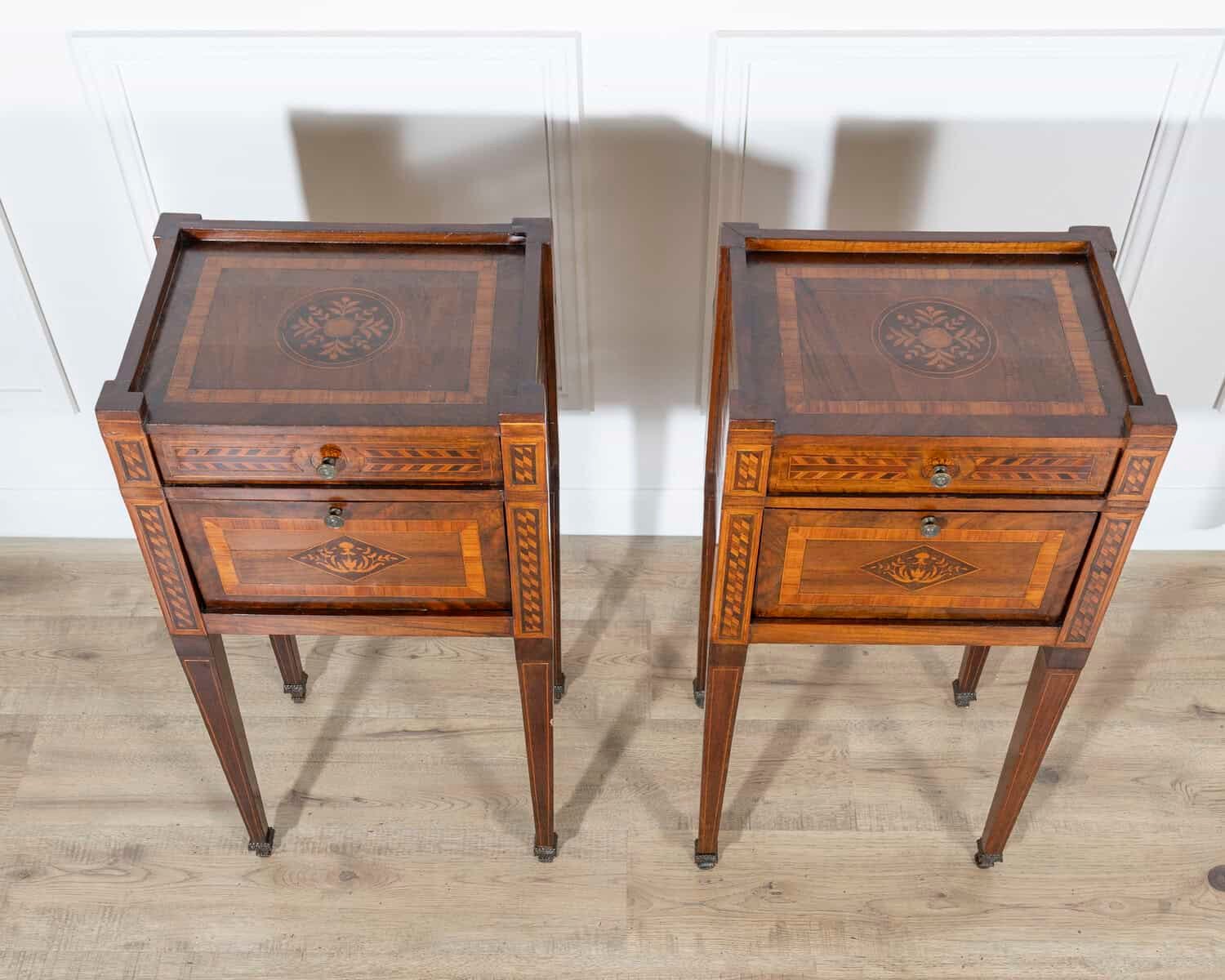 Italian 18th Century Neoclassical Inlaid and Veneered Bedside Tables - JAA