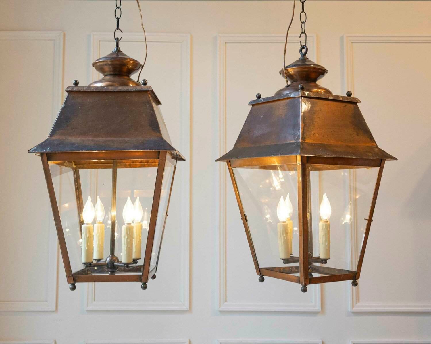 Pair of Early 20th-Century French Copper Hanging Lanterns - JAA