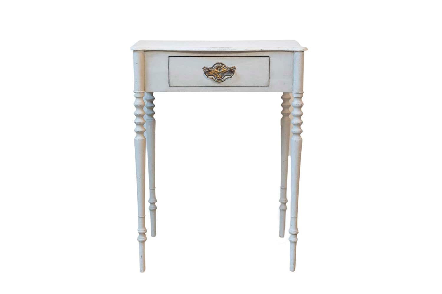 Swedish Painted Side Table with Single Drawer, Turned Legs and Serpentine Front