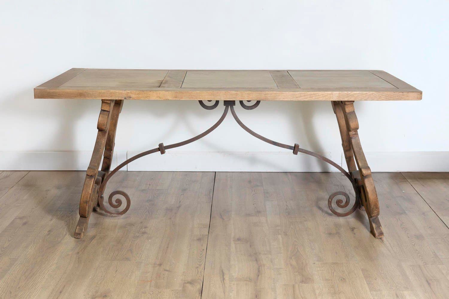 Spanish Baroque Style 1900s Bleached Oak Fratino Table with Carved Lyre Base - JAA