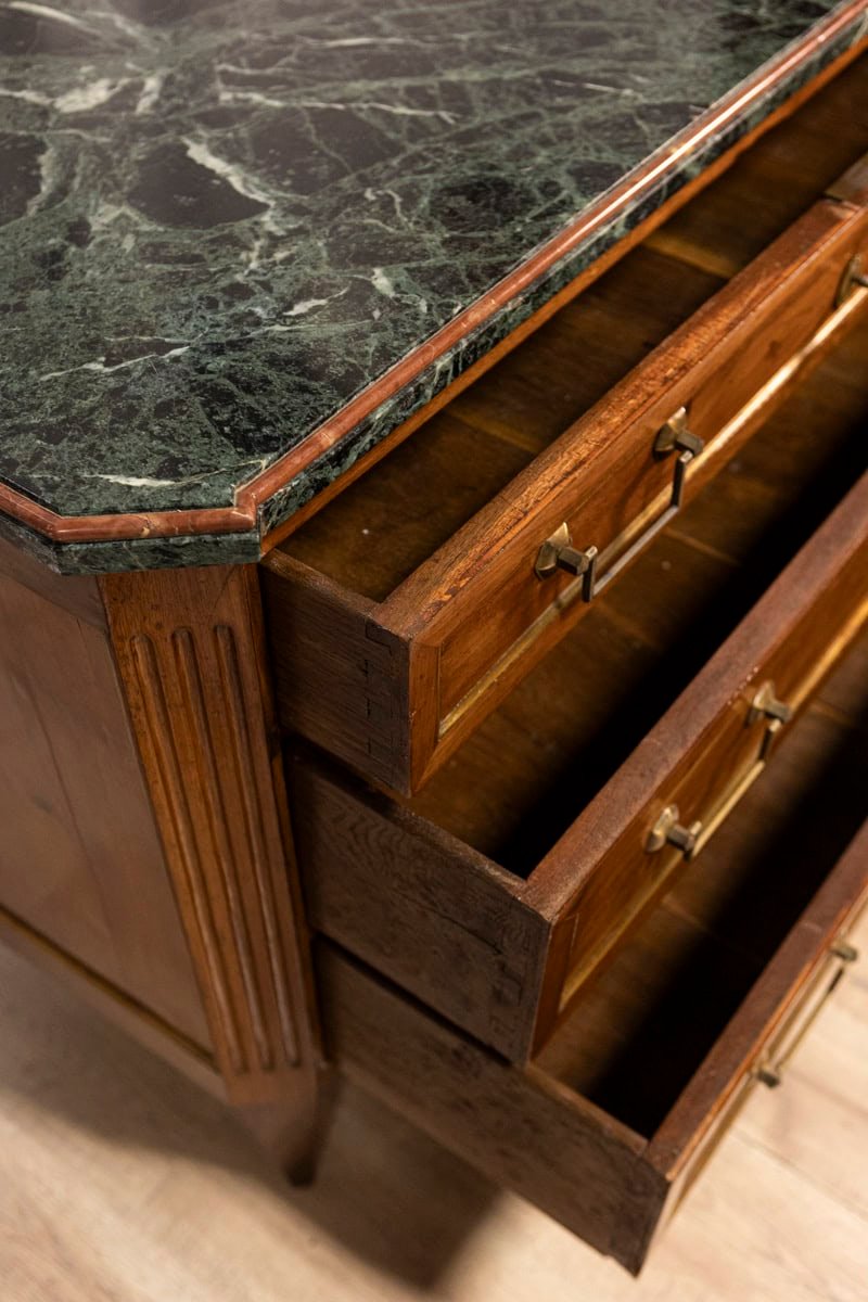 Italian Piemontese 1890s Three-Drawer Walnut Commode with Dark Green Marble Top - JAA