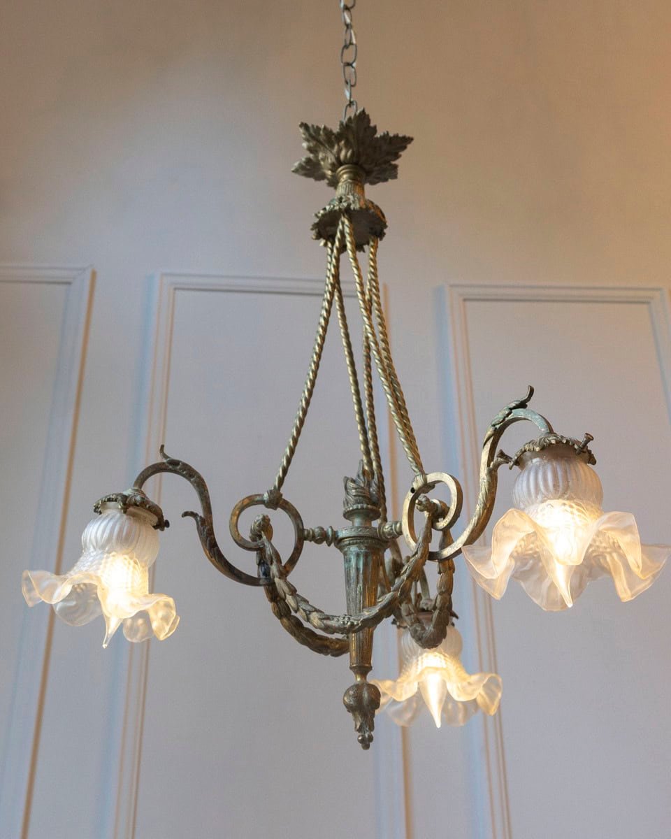 French Louis XVI Style 19th Century Bronze Three-Light Chandelier with Torch - JAA