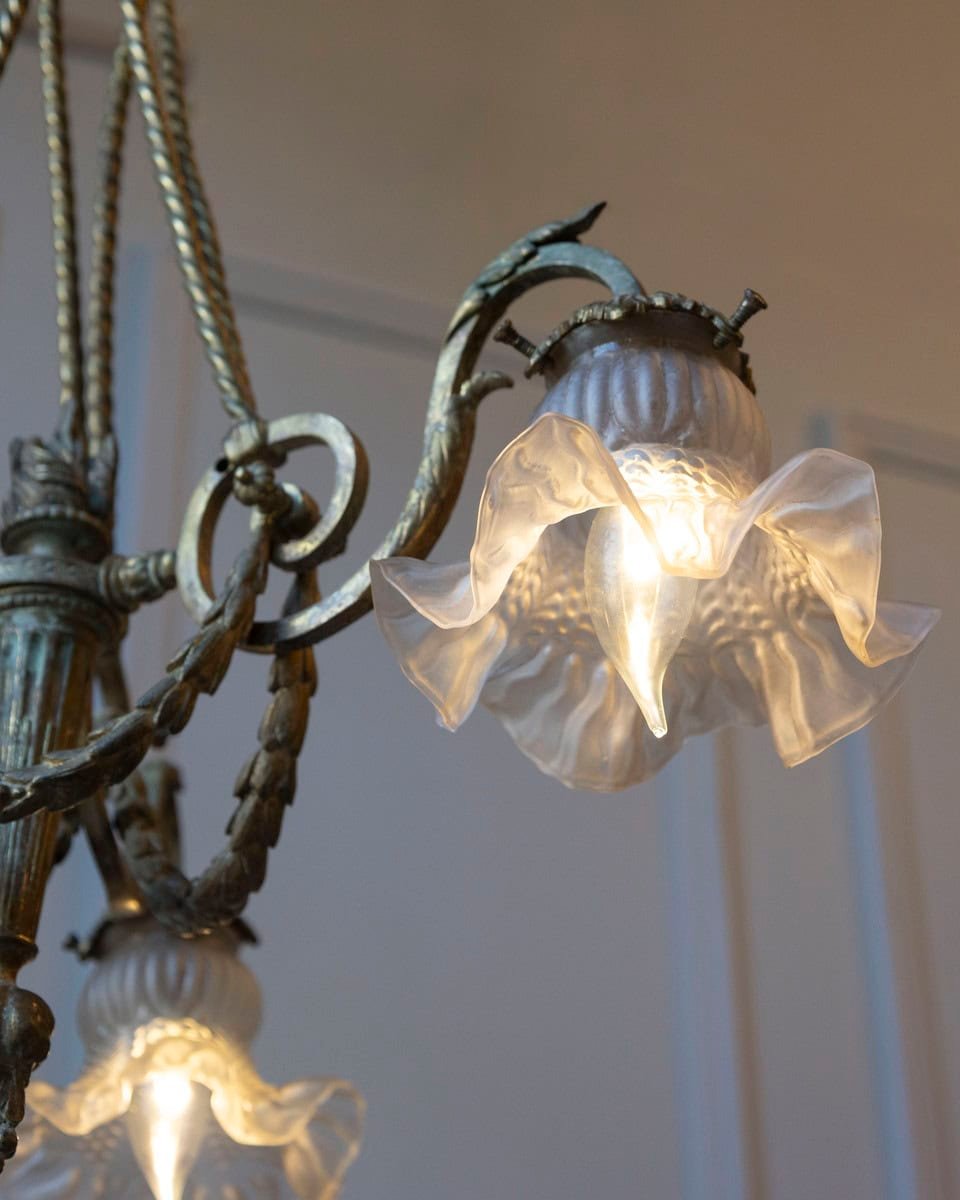 French Louis XVI Style 19th Century Bronze Three-Light Chandelier with Torch - JAA