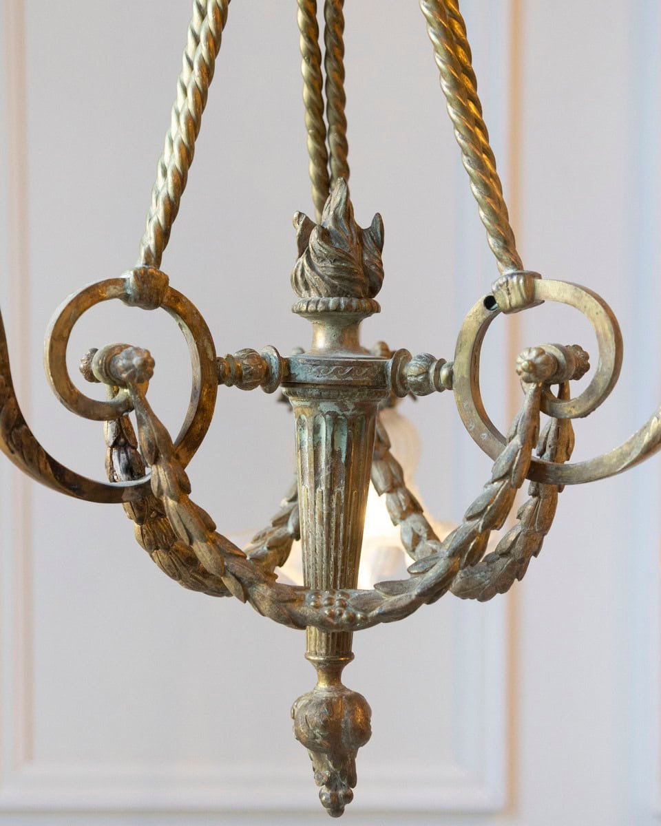 French Louis XVI Style 19th Century Bronze Three-Light Chandelier with Torch - JAA