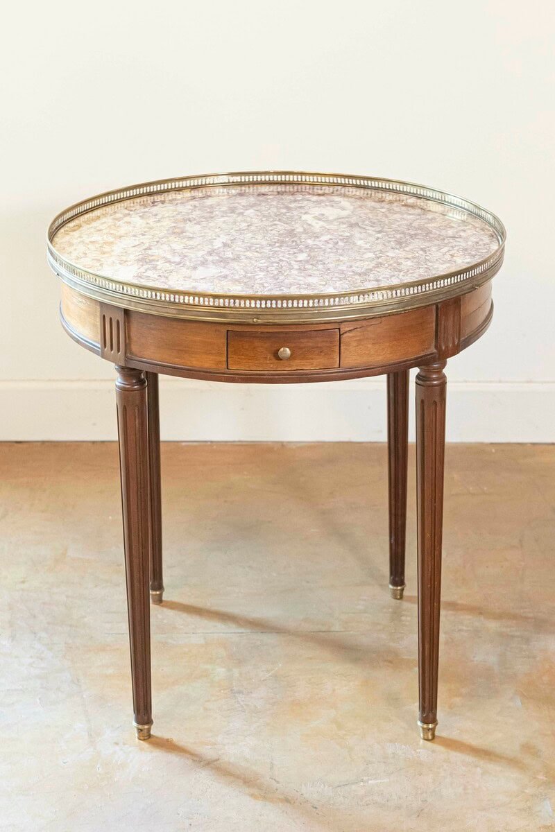 French Louis XVI Style 1890s Bouillotte Table with Marble Top and Brass Gallery - JAA