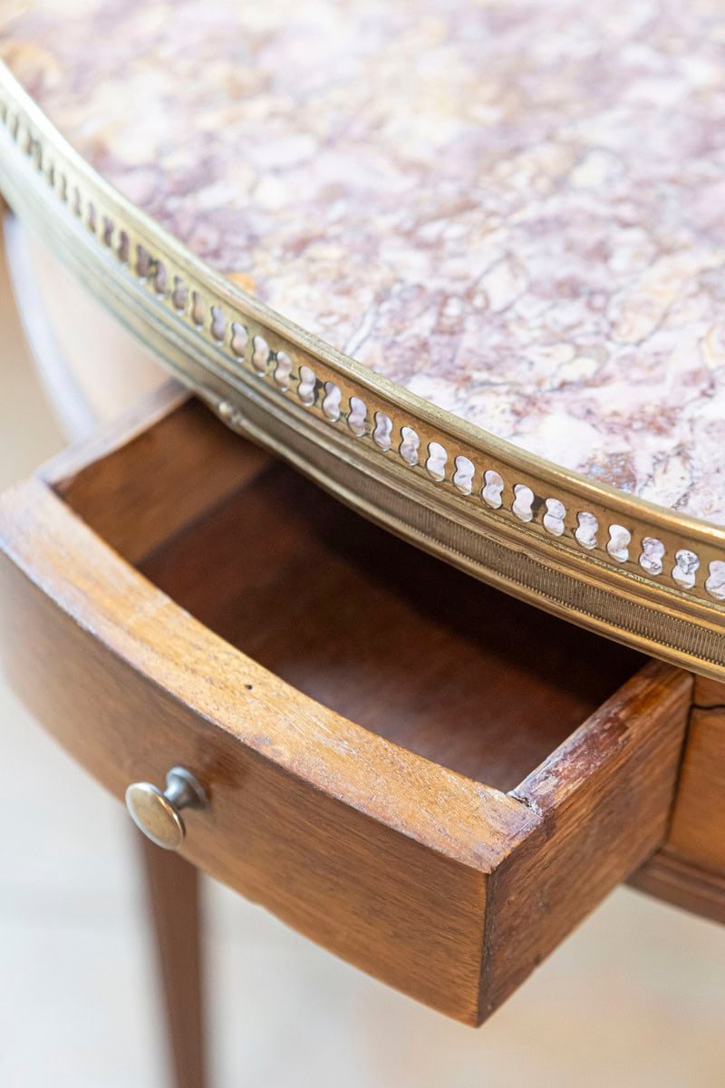 French Louis XVI Style 1890s Bouillotte Table with Marble Top and Brass Gallery - JAA
