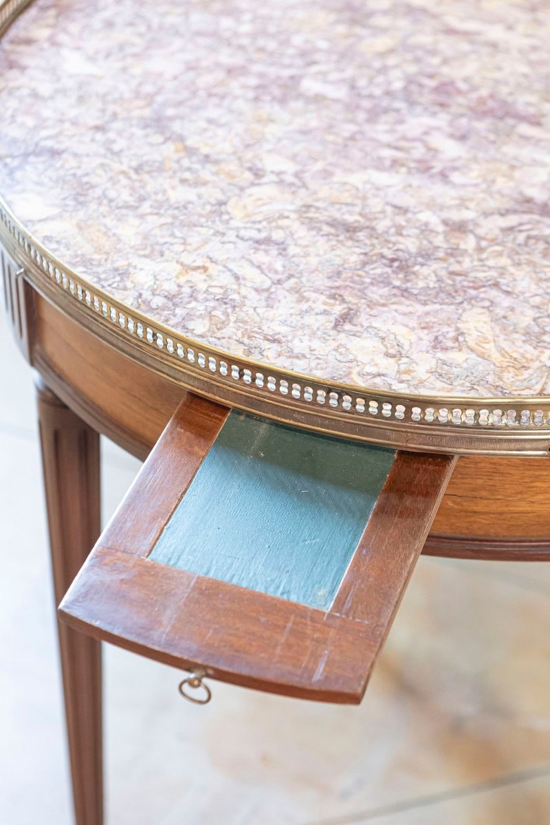 French Louis XVI Style 1890s Bouillotte Table with Marble Top and Brass Gallery - JAA