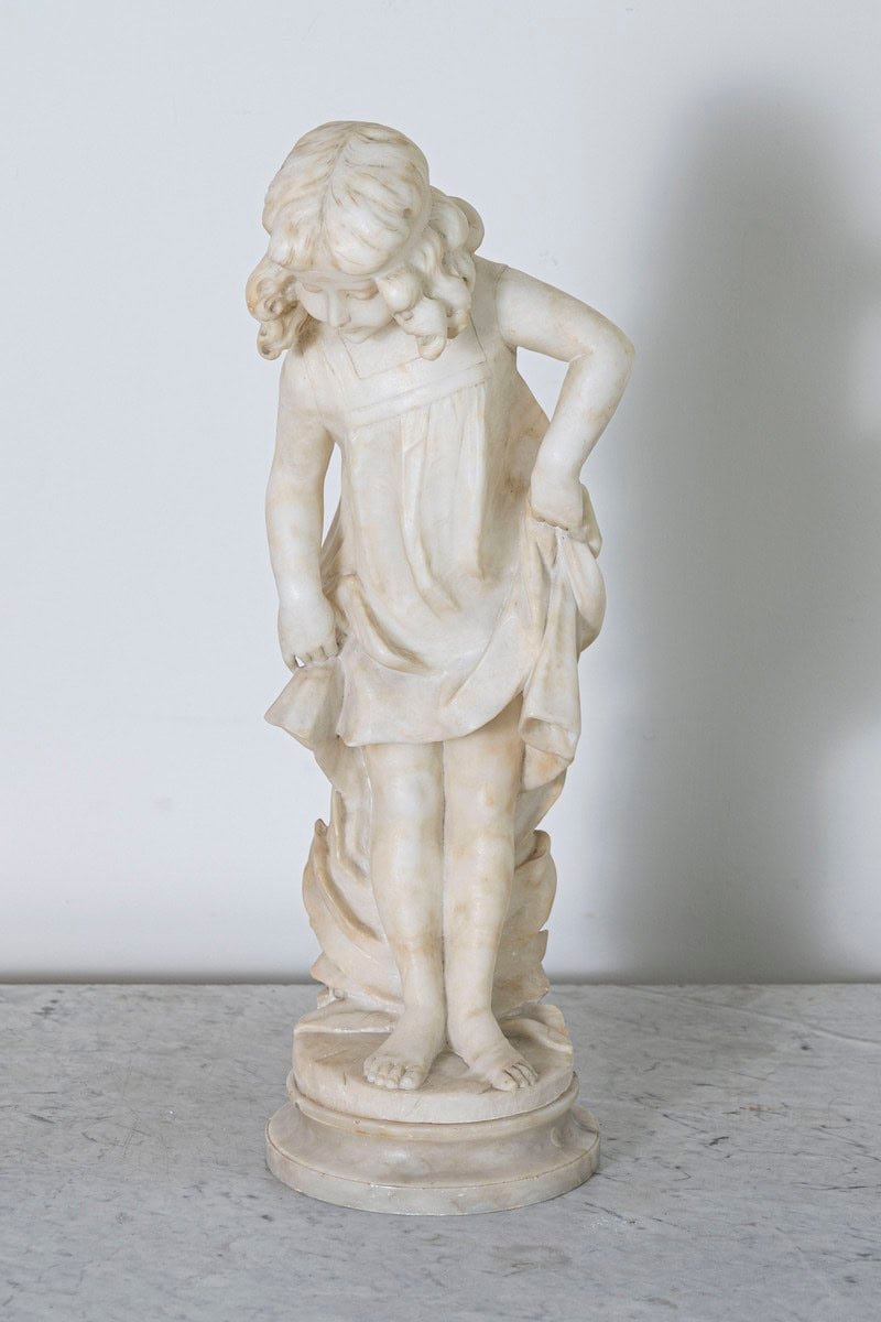 Italian 19th Century White Alabaster Sculpture of a Young Girl with Flowing Hair and Draped Dress - JAA