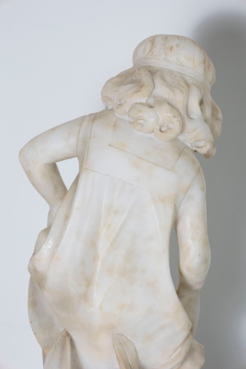 Italian 19th Century White Alabaster Sculpture of a Young Girl with Flowing Hair and Draped Dress - JAA