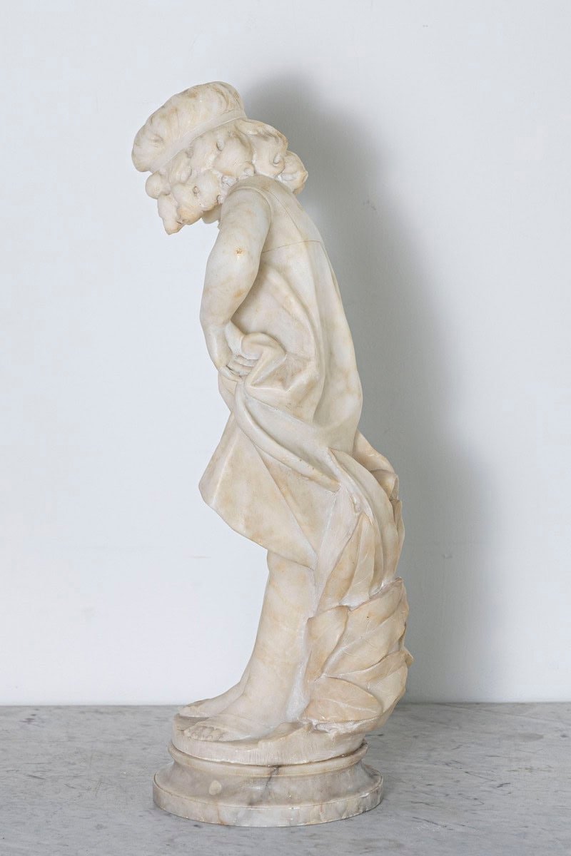Italian 19th Century White Alabaster Sculpture of a Young Girl with Flowing Hair and Draped Dress - JAA