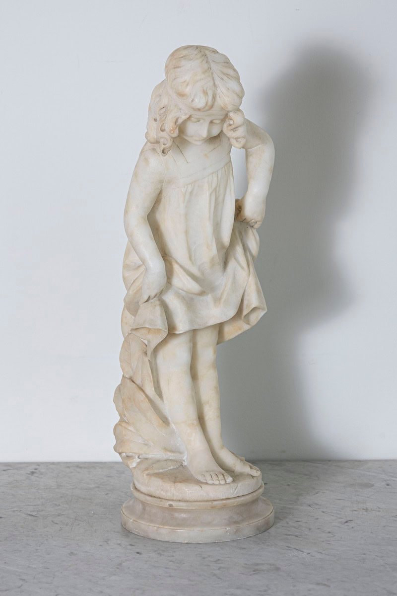 Italian 19th Century White Alabaster Sculpture of a Young Girl with Flowing Hair and Draped Dress - JAA