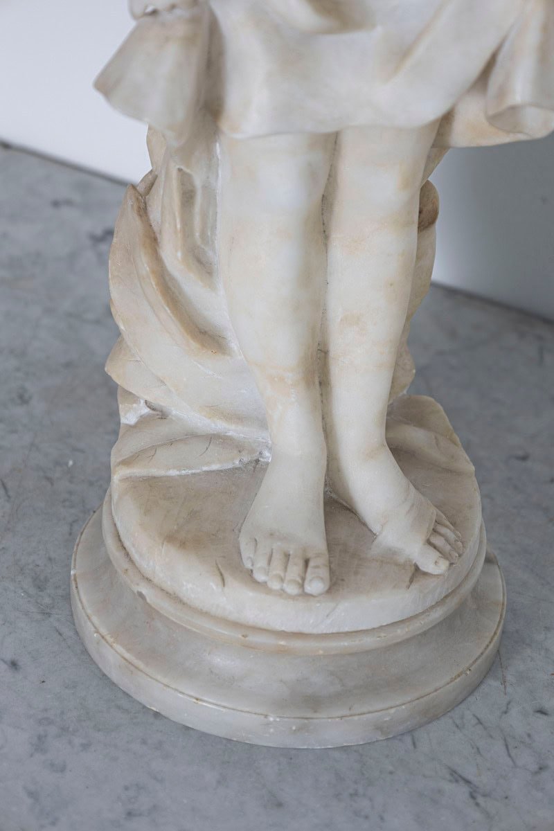 Italian 19th Century White Alabaster Sculpture of a Young Girl with Flowing Hair and Draped Dress - JAA