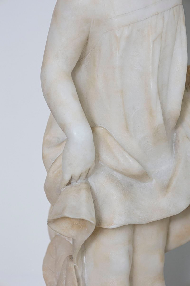 Italian 19th Century White Alabaster Sculpture of a Young Girl with Flowing Hair and Draped Dress - JAA