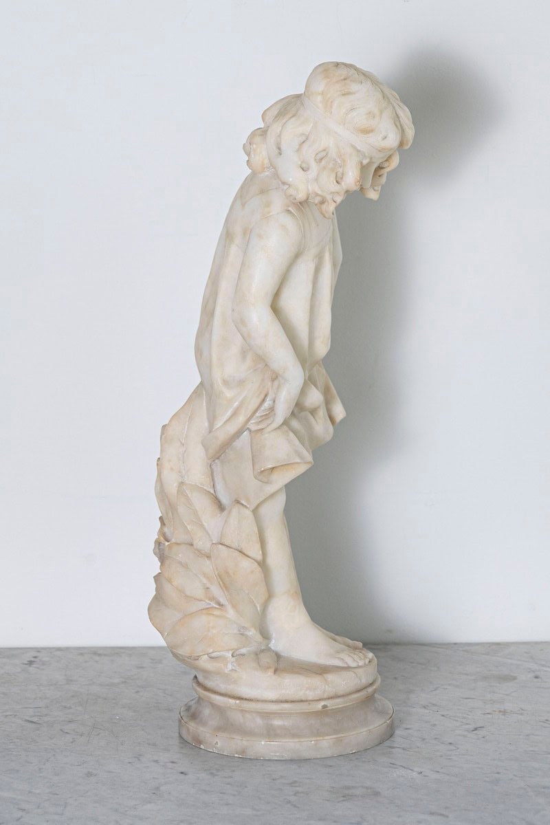 Italian 19th Century White Alabaster Sculpture of a Young Girl with Flowing Hair and Draped Dress - JAA