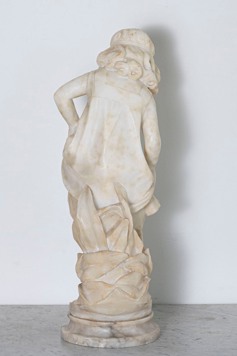 Italian 19th Century White Alabaster Sculpture of a Young Girl with Flowing Hair and Draped Dress - JAA