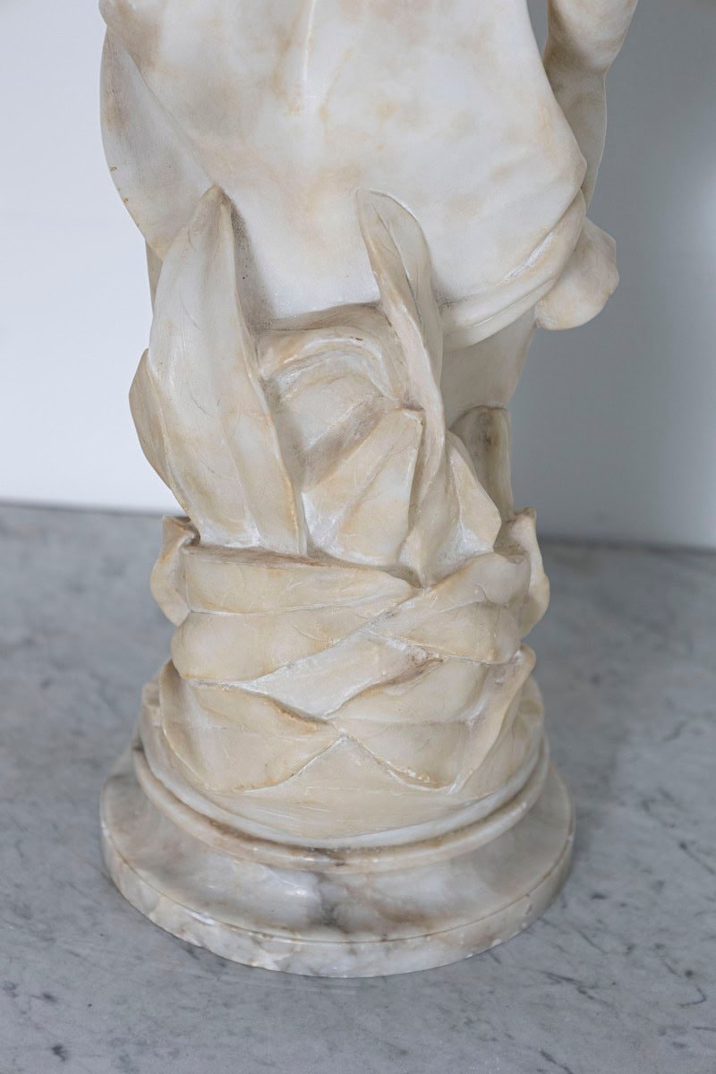 Italian 19th Century White Alabaster Sculpture of a Young Girl with Flowing Hair and Draped Dress - JAA