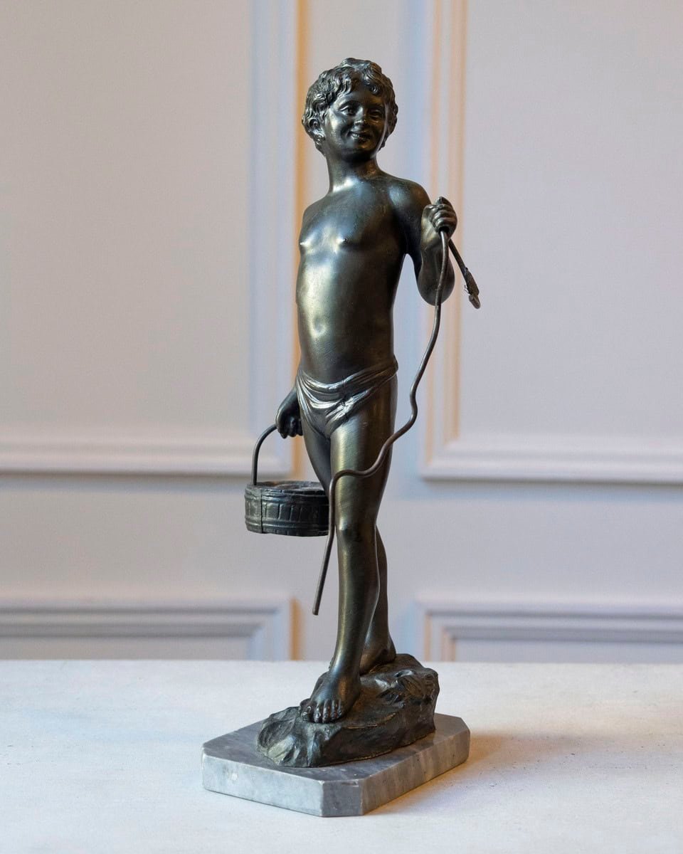 Italian 19th Century Patinated Bronze Sculpture of a Boy on Marble Base, Signed - JAA