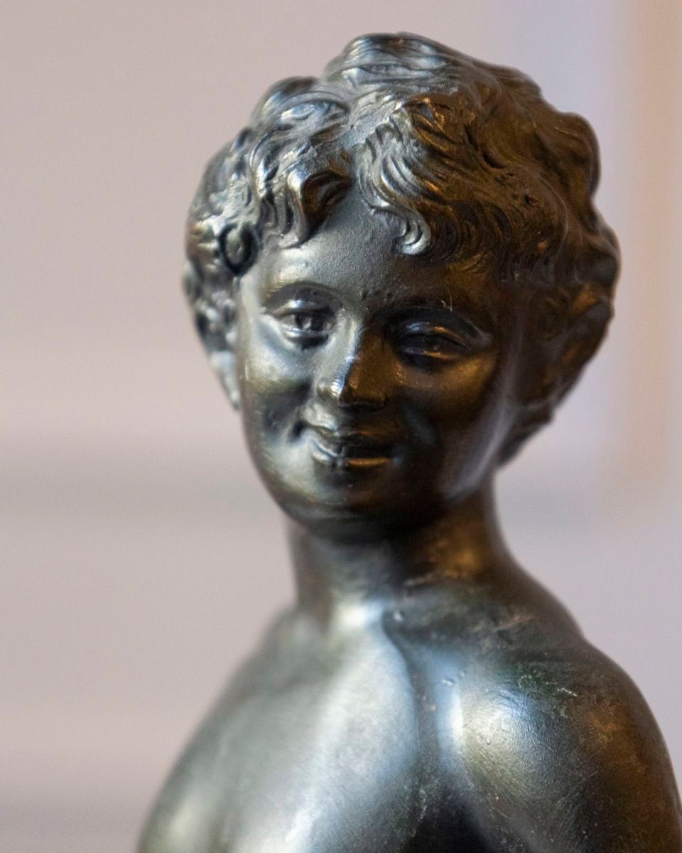 Italian 19th Century Patinated Bronze Sculpture of a Boy on Marble Base, Signed - JAA