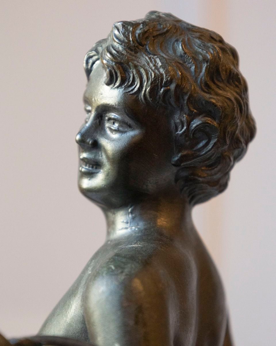Italian 19th Century Patinated Bronze Sculpture of a Boy on Marble Base, Signed - JAA
