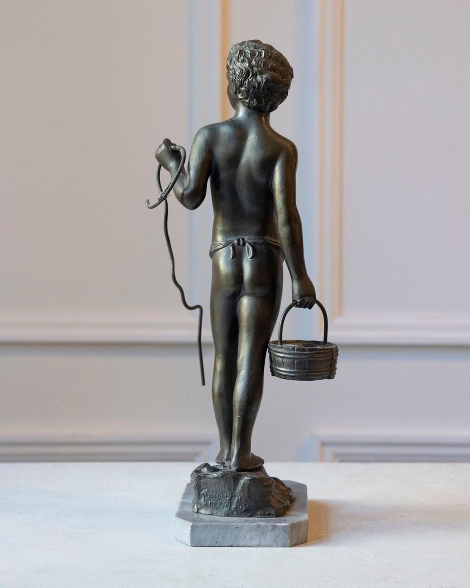 Italian 19th Century Patinated Bronze Sculpture of a Boy on Marble Base, Signed - JAA